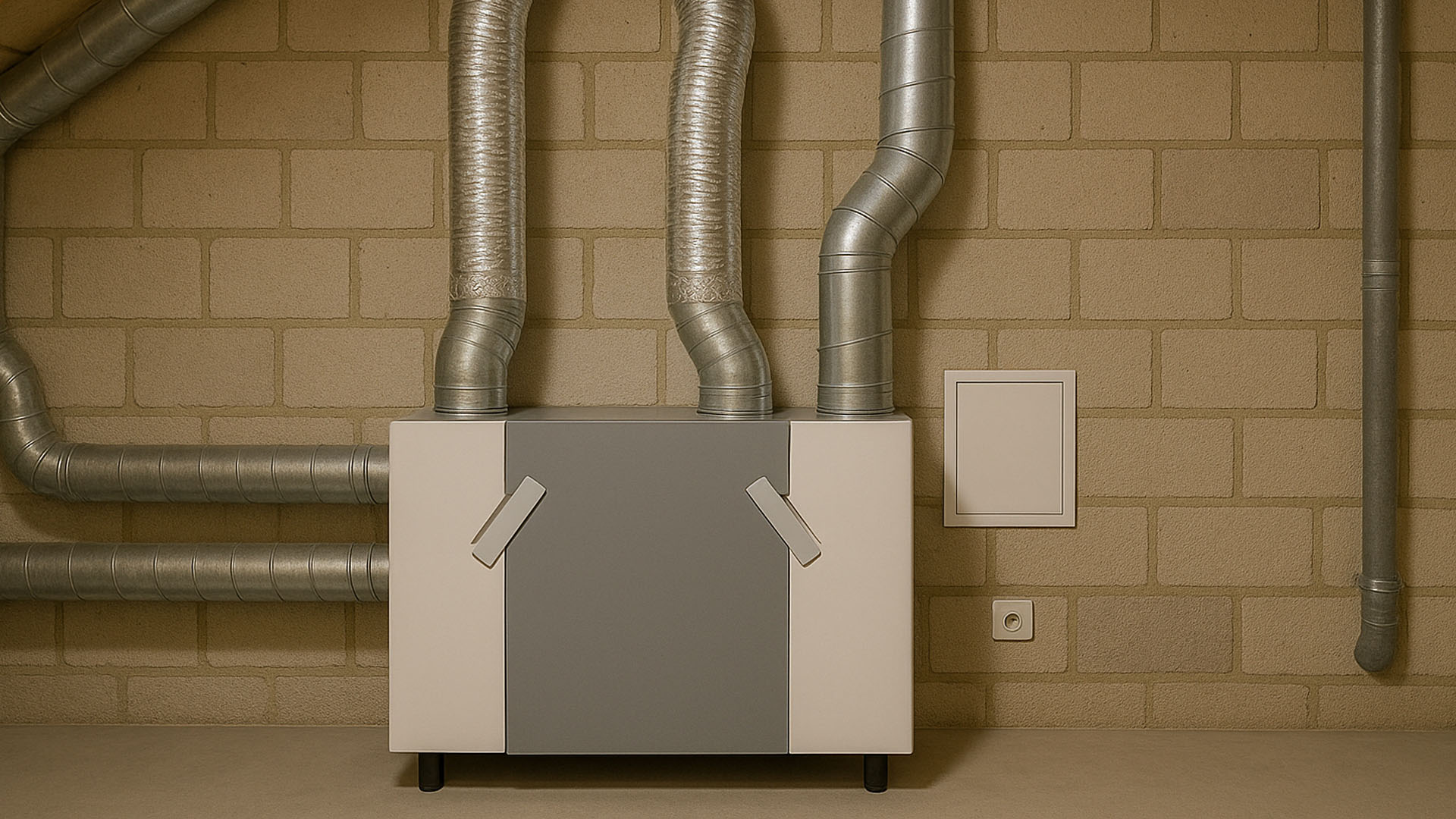 Kompaktowy rekuperator z metalowymi kanałami wentylacyjnymi zamontowany na ceglanej ścianie.