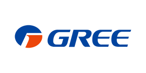 Logo Gree: niebieski prostokąt z pomarańczowym elementem po lewej stronie na białym tle.