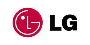 Logotyp LG: czerwone koło z białą ikoną przypominającą uśmiech oraz czarne litery LG po prawej.