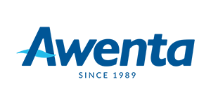 Logo firmy AWENTA — granatowy napis „AWENTA” z jasnoniebieską, stylizowaną ikoną wentylatora po lewej.